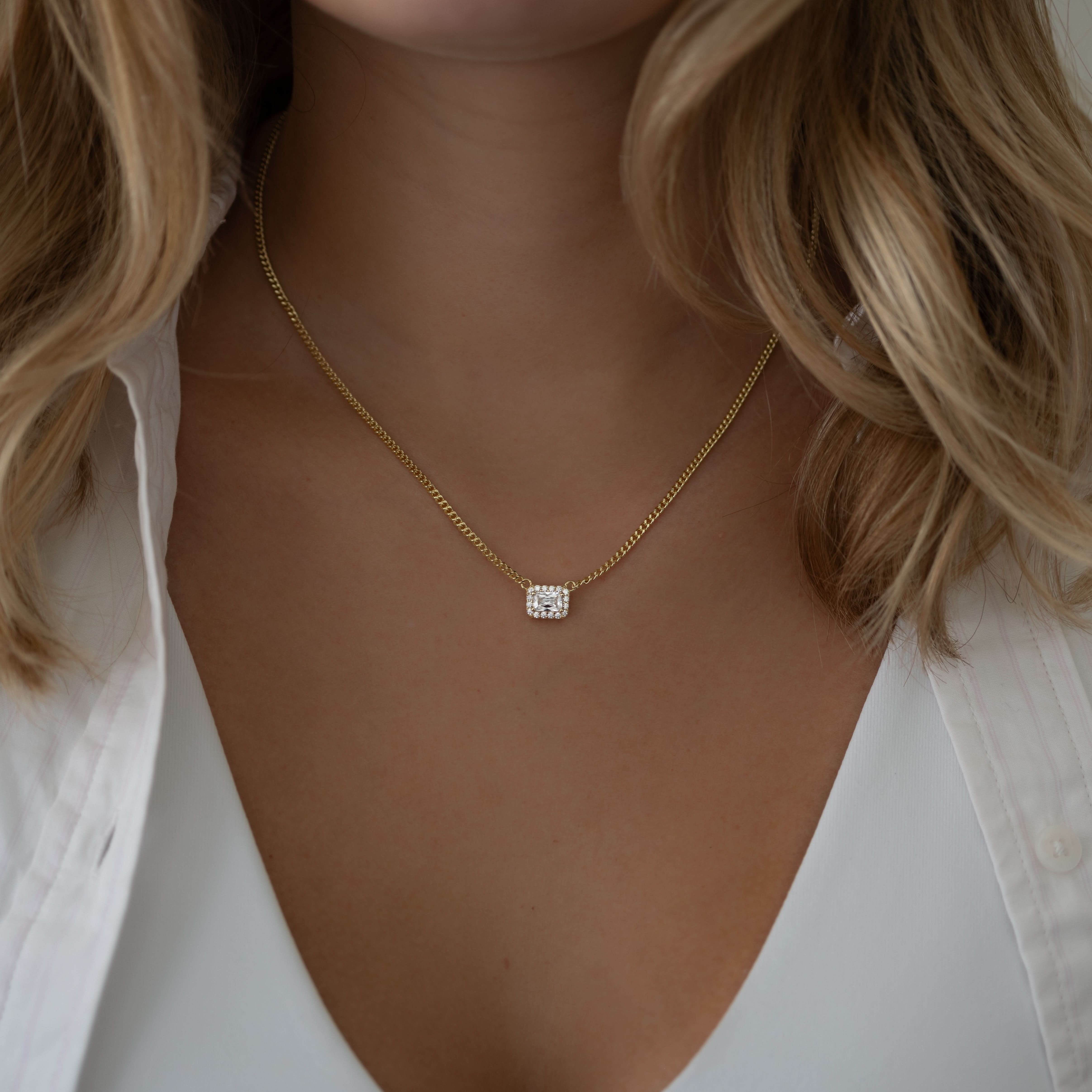 Halo Emerald Cut Necklace on Cuban Chain